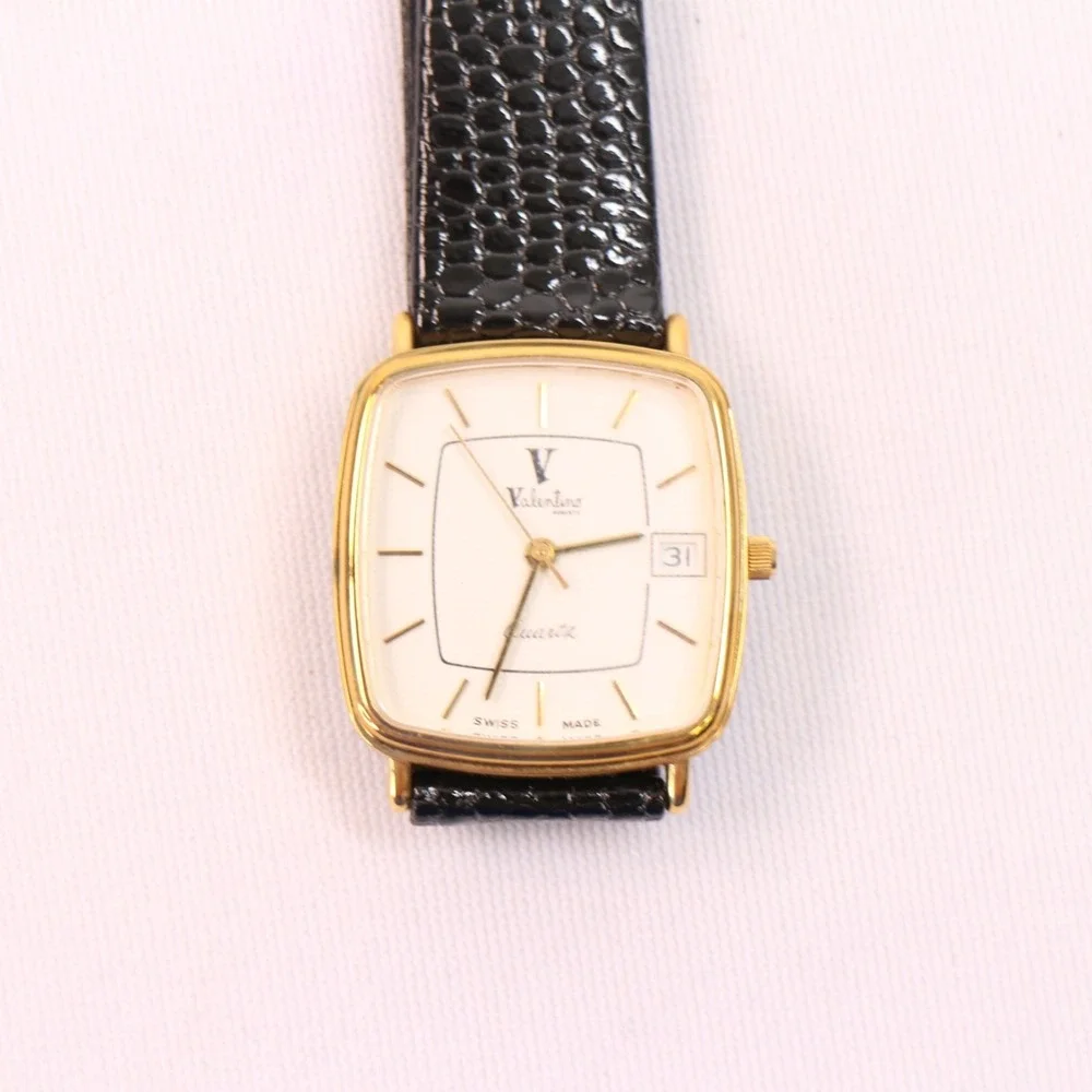 Vintage 1980s VALENTINO Roberto New Old Stock Tank Gold Plated Quartz 25mm Watch